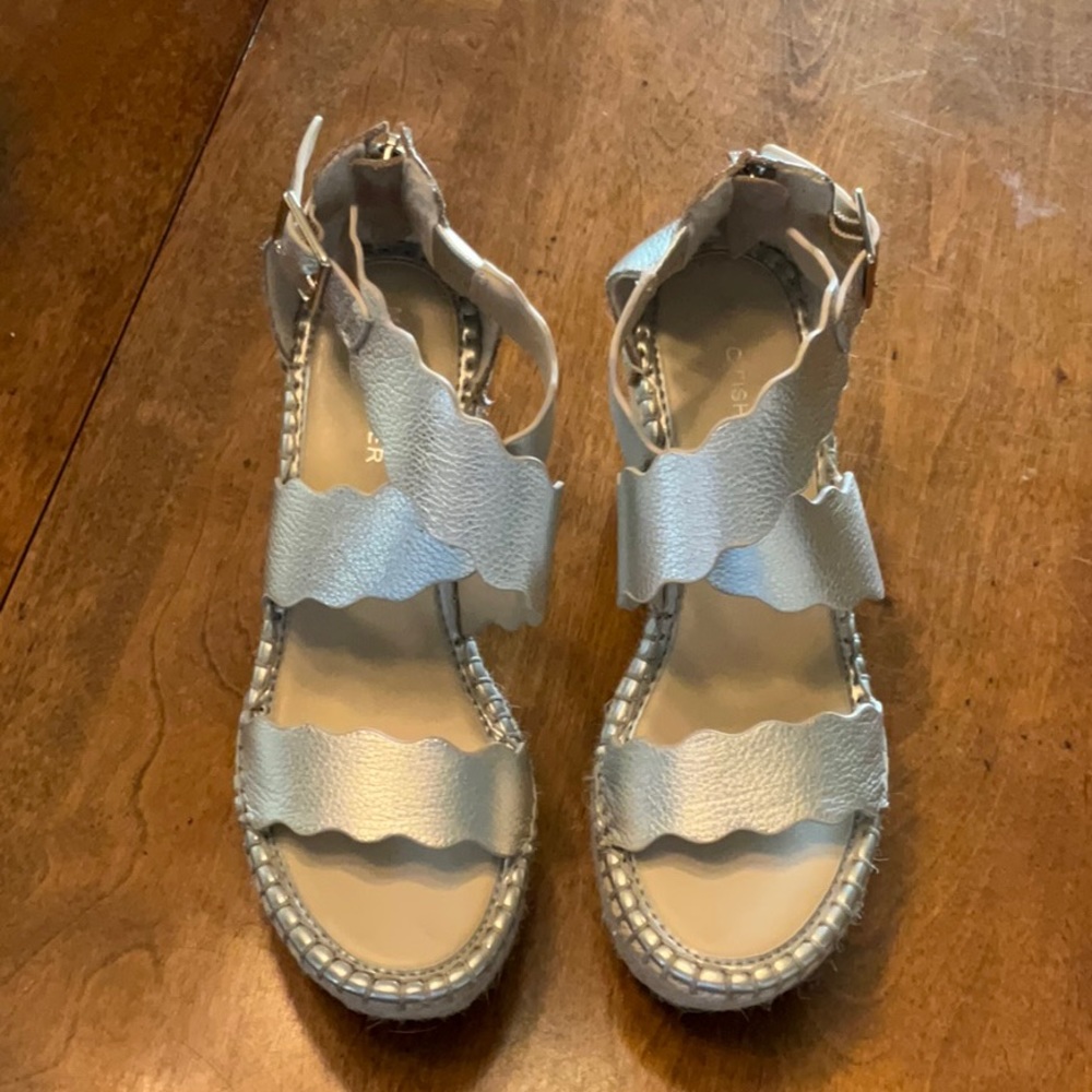 MARC FISHER Silver Metallic Calita Wedge Sandals Leather Espadrille Neutral 6.5